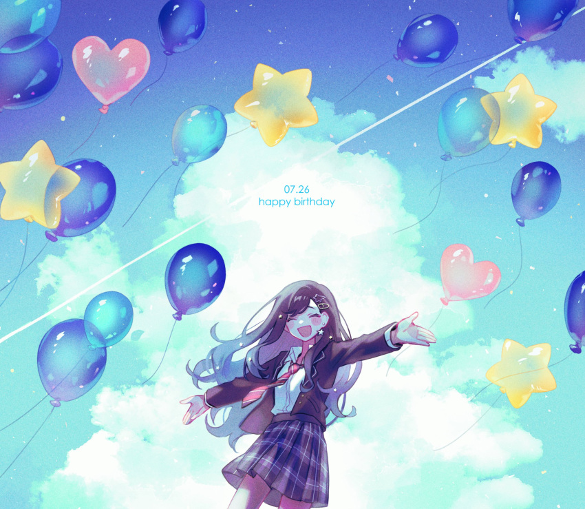 1girl balloon blazer blue_sky bumgae closed_eyes clouds collared_shirt commentary dated dress_shirt earrings floating floating_hair floating_object hair_ornament happy_birthday heart_balloon highres jacket jewelry korean_commentary lapels necktie notched_lapels open_mouth outstretched_arms plaid plaid_skirt project_sekai school_uniform shiraishi_an shirt skirt sky smile solo star_(symbol) star_balloon star_earrings star_hair_ornament striped_necktie white_shirt wind wind_lift