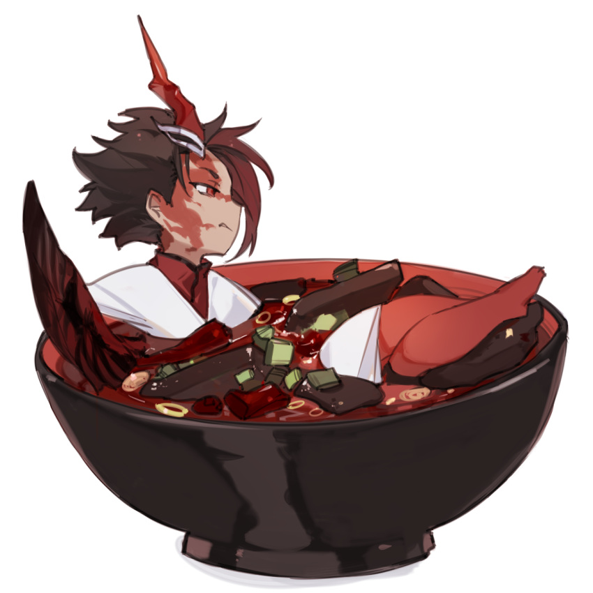 1boy bare_legs barefoot black_hair character_request chibi code009 colored_skin food food_request from_side frown horns in_bowl in_container in_food japanese_clothes kimono legs_up looking_away male_focus multicolored_hair multicolored_skin partially_submerged profile red_eyes red_skin redhead shanhai_jing_hua short_hair simple_background single_horn sitting solo soup streaked_hair undershirt white_background white_kimono