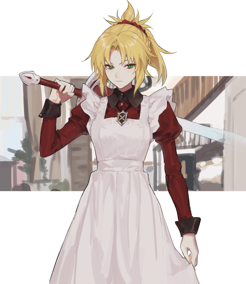 1girl absurdres alternate_costume apron apron_hold apron_tug bangs blonde_hair braid clarent_(fate) crimsonknigh_t dress enmaided fate/grand_order fate_(series) french_braid frilled_apron frills green_eyes hair_ornament hair_scrunchie high_ponytail highres holding holding_weapon long_dress long_sleeves maid maid_apron mordred_(fate) ponytail puffy_long_sleeves puffy_sleeves red_dress red_scrunchie scrunchie sidelocks solo standing sword weapon white_apron