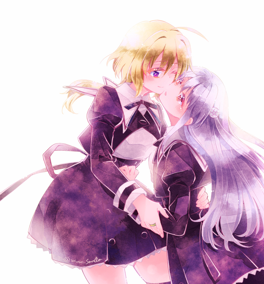 2girls ;) ahoge amano_soraha assault_lily bangs black_ribbon black_skirt black_thighhighs blonde_hair blush bright_pupils brown_eyes cheek-to-cheek cowboy_shot cropped_jacket egawa_kusumi eye_contact face-to-face fingernails flower grey_hair hair_between_eyes hair_flower hair_ornament hand_on_another's_arm hand_on_another's_back heads_together high-waist_skirt highres jewelry juliet_sleeves long_hair long_sleeves looking_at_another low_ponytail miniskirt multiple_girls neck_ribbon one_eye_closed parted_lips ponytail puffy_sleeves ribbon ring school_uniform shirt sidelocks simple_background skirt smile sorato_(astllatte) standing thigh-highs twitter_username two_side_up very_long_hair violet_eyes white_background white_pupils white_shirt yuri yurigaoka_girls_academy_school_uniform