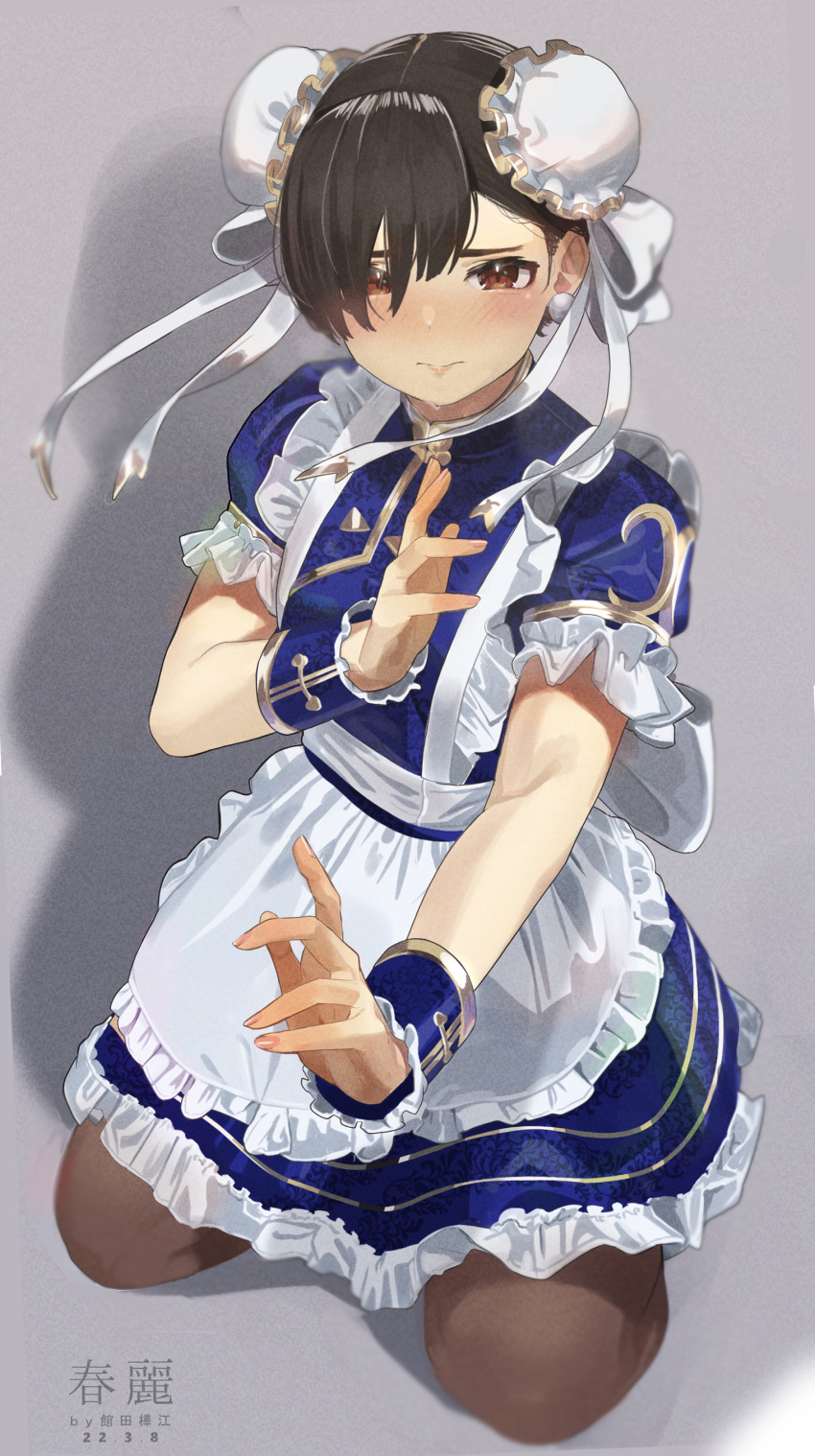 1girl absurdres alternate_costume apron black_pantyhose blue_dress blush bracelet bracer brown_eyes brown_hair bun_cover china_dress chinese_clothes chun-li dated double_bun dress earrings embarrassed enmaided frilled_apron frills hair_bun highres jewelry kneeling looking_at_viewer maid pantyhose puffy_short_sleeves puffy_sleeves qi_maid short_sleeves signature solo street_fighter sweatdrop tatedano_kabae waist_apron white_apron