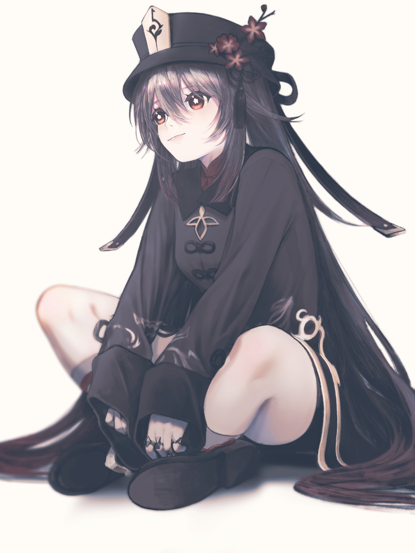 1girl absurdres bangs black_coat black_hair black_headwear black_shorts blurry breasts brown_hair closed_mouth coat colored_tips depth_of_field flower flower-shaped_pupils full_body genshin_impact hair_between_eyes hat highres hu_tao_(genshin_impact) indian_style jewelry knees_up long_hair long_sleeves looking_away medium_breasts multicolored_hair orange_eyes r_a_y0 red_eyes ring shoe_soles shoes shorts sitting sleeves_past_wrists sleeves_rolled_up smile socks solo symbol-shaped_pupils tassel_hat_ornament twintails very_long_hair
