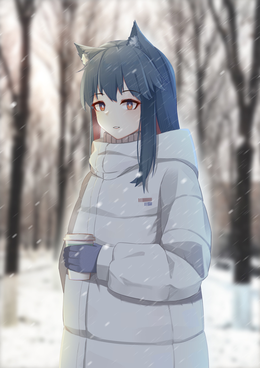 1girl absurdres animal_ears arknights bare_tree black_hair blue_gloves coat colored_inner_hair cup day disposable_cup gloves highres holding holding_cup leiroken long_hair long_sleeves looking_at_viewer multicolored_hair orange_eyes outdoors parted_lips redhead sidelocks snow snowing solo texas_(arknights) tree upper_body white_coat winter winter_clothes winter_coat wolf_ears wolf_girl