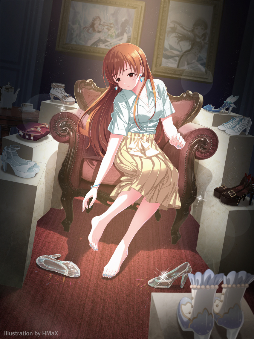 1girl absurdres barefoot blue_shirt bracelet brown_hair cup feet full_body gem glass_slipper glint high_heels highres hmax idolmaster idolmaster_cinderella_girls idolmaster_cinderella_girls_starlight_stage jewelry lens_flare long_hair looking_down nail_polish nitta_minami on_chair photo_(object) picture_frame shirt shoes shoes_removed sitting skirt smile solo straight_hair teacup teapot toenail_polish toenails toes very_long_hair wooden_floor yellow_skirt