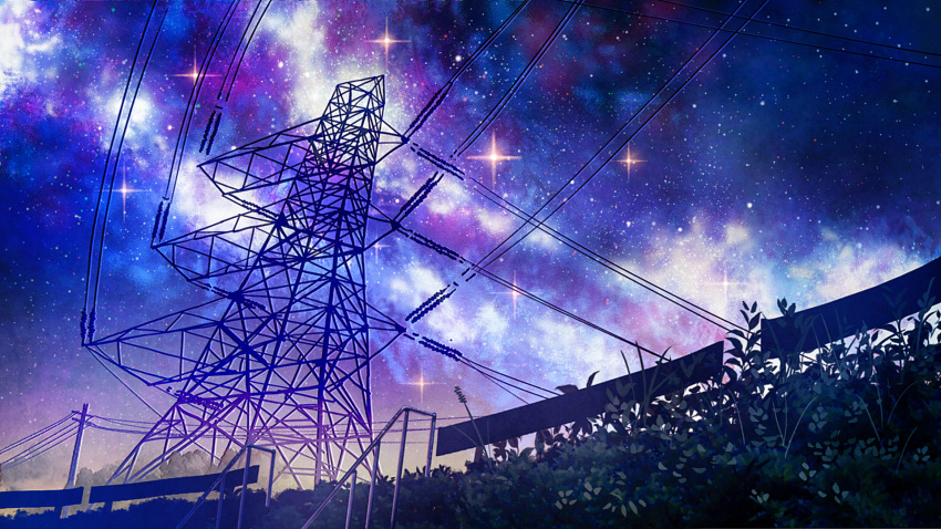 bush color_creation commentary_request grass guard_rail highres night night_sky no_humans original outdoors power_lines scenery sky star_(sky) starry_sky transmission_tower utility_pole