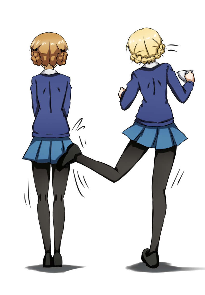 2girls black_footwear blonde_hair blue_skirt blue_sweater braid collared_shirt cup darjeeling_(girls_und_panzer) from_behind girls_und_panzer highres holding holding_cup kicking loafers lycoris_recoil miniskirt multiple_girls omachi_(slabco) orange_hair orange_pekoe_(girls_und_panzer) pantyhose parody pleated_skirt scene_reference school_uniform shirt shoes short_hair simple_background skirt st._gloriana's_school_uniform stand_by_me sweater teacup twin_braids white_background white_shirt