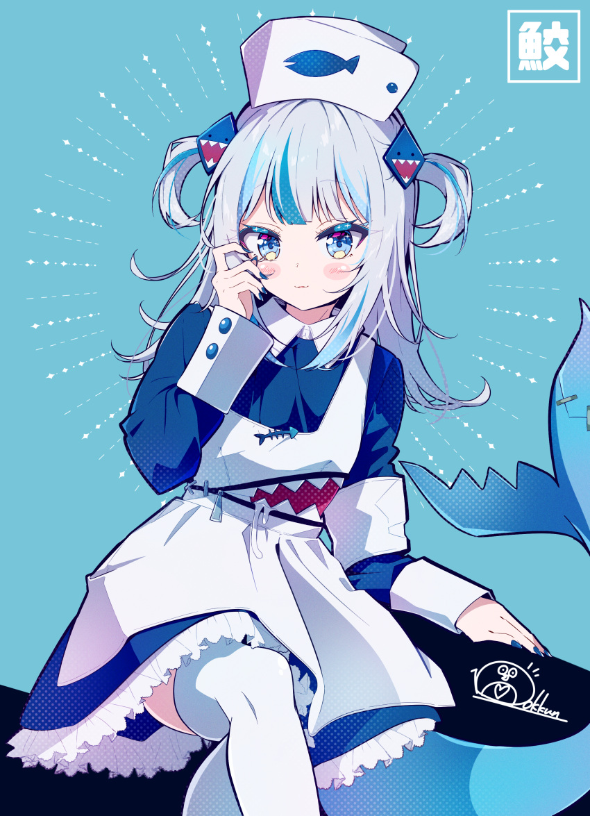 1girl absurdres apron arm_rest bangs blue_background blue_dress blue_eyes blue_hair blue_nails blunt_bangs bokkun_(doyagaobyo) closed_mouth collar cowboy_shot dress fish_tail frilled_dress frills garrison_cap gawr_gura hair_ornament hand_to_own_face hand_up hat highres hololive hololive_english long_sleeves medium_hair multicolored_hair shark_girl shark_hair_ornament shark_tail sidelocks signature simple_background sleeve_cuffs solo streaked_hair tail thigh-highs two_side_up virtual_youtuber waitress white_apron white_collar white_hair white_thighhighs wing_collar