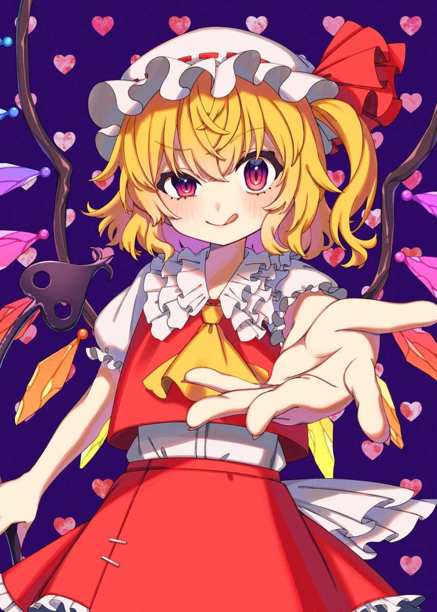 1girl :q absurdres blonde_hair crystal e_sdss flandre_scarlet foreshortening hat heart highres laevatein_(touhou) mob_cap one_side_up outstretched_arm purple_background reaching_out red_eyes ribbon short_sleeves skirt solo tongue tongue_out touhou uneven_eyes wings