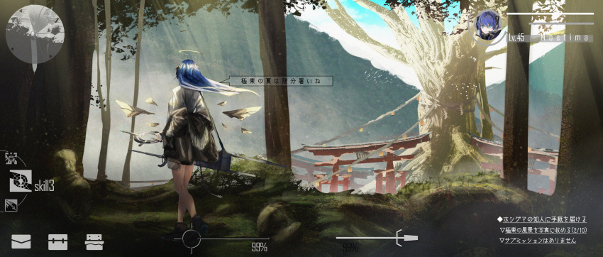 1girl absurdres arknights black_footwear black_jacket blue_eyes blue_hair boots character_name commentary demon_horns detached_wings facing_away fake_screenshot floating_hair forest gameplay_mechanics giant_tree grass gyoukan_(jfxc) halo health_bar highres hood hooded_jacket horns jacket long_sleeves minimap mostima_(arknights) nature off_shoulder outdoors rope scenery shimenawa shirt solo speech_bubble staff torii translated tree video_game white_shirt wide_shot wings