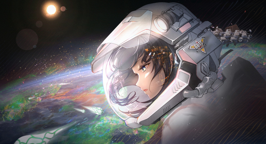 1girl astronaut black_hair blue_eyes chinese_commentary earth_(planet) from_side highres jueduihuoli lens_flare looking_down planet science_fiction solo space space_station sphere_soldier_(ultraman) ultra_series ultraman_decker_(series)
