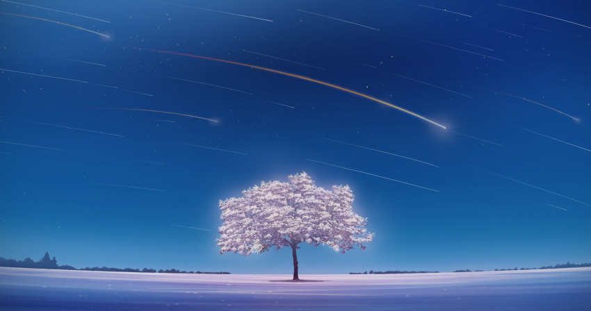 absurdres color_creation commentary_request highres night night_sky no_humans original scenery shooting_star sky star_(sky) starry_sky tree