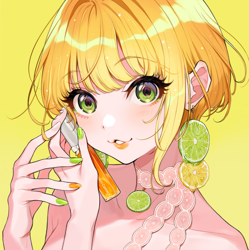1girl absurdres bangs bare_shoulders blonde_hair collarbone commentary earrings food food-themed_earrings food-themed_hair_ornament fruit green_eyes green_nails hair_ornament highres holding idolmaster idolmaster_cinderella_girls jewelry lemon lemon_earrings lemon_slice lime_(fruit) lime_earrings lime_slice lips looking_at_viewer miyamoto_frederica nail_polish orange_nails parted_lips short_hair sidelocks simple_background smile solo yellow_background yellow_theme yuu_(higashi_no_penguin)