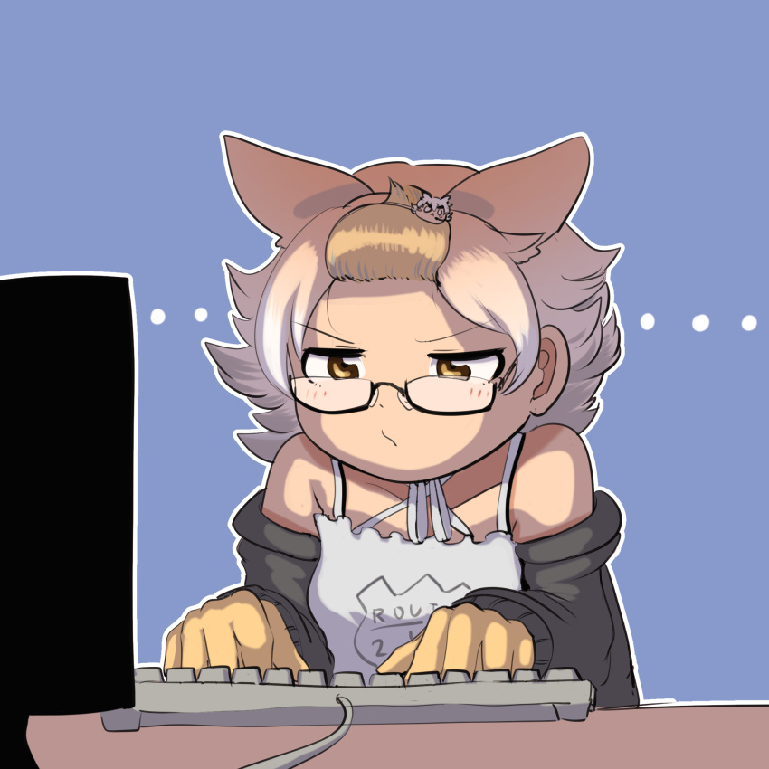 1girl animal_costume animal_ear_fluff animal_ears black_jacket blonde_hair computer coyote_(kemono_friends) coyote_ears coyote_girl glasses gloves highres jacket kemono_friends kemono_friends_v_project keyboard_(computer) mcgunngu monitor shirt short_hair simple_background sleeveless sleeveless_shirt solo virtual_youtuber yellow_eyes