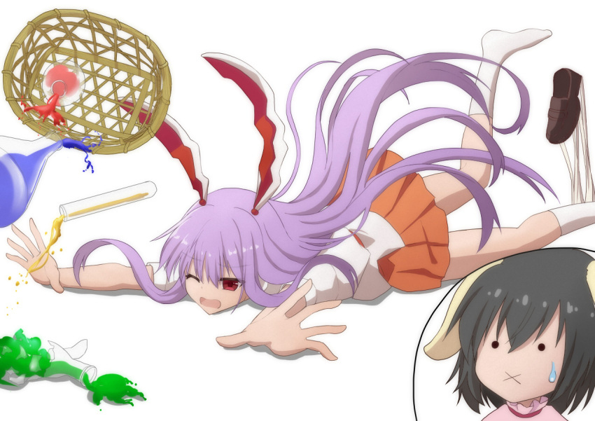 2girls :x animal_ears bangs basket brown_footwear commentary_request erlenmeyer_flask flask floppy_ears foot_out_of_frame glue hair_between_eyes inaba_tewi loafers long_hair multiple_girls one_eye_closed open_mouth orange_skirt pleated_skirt purple_hair rabbit_ears rabbit_girl red_eyes reisen_udongein_inaba round-bottom_flask shirt shoes short_hair simple_background skirt socks solid_circle_eyes spill sugiyama_ichirou touhou tripping very_long_hair vial white_background white_shirt white_socks