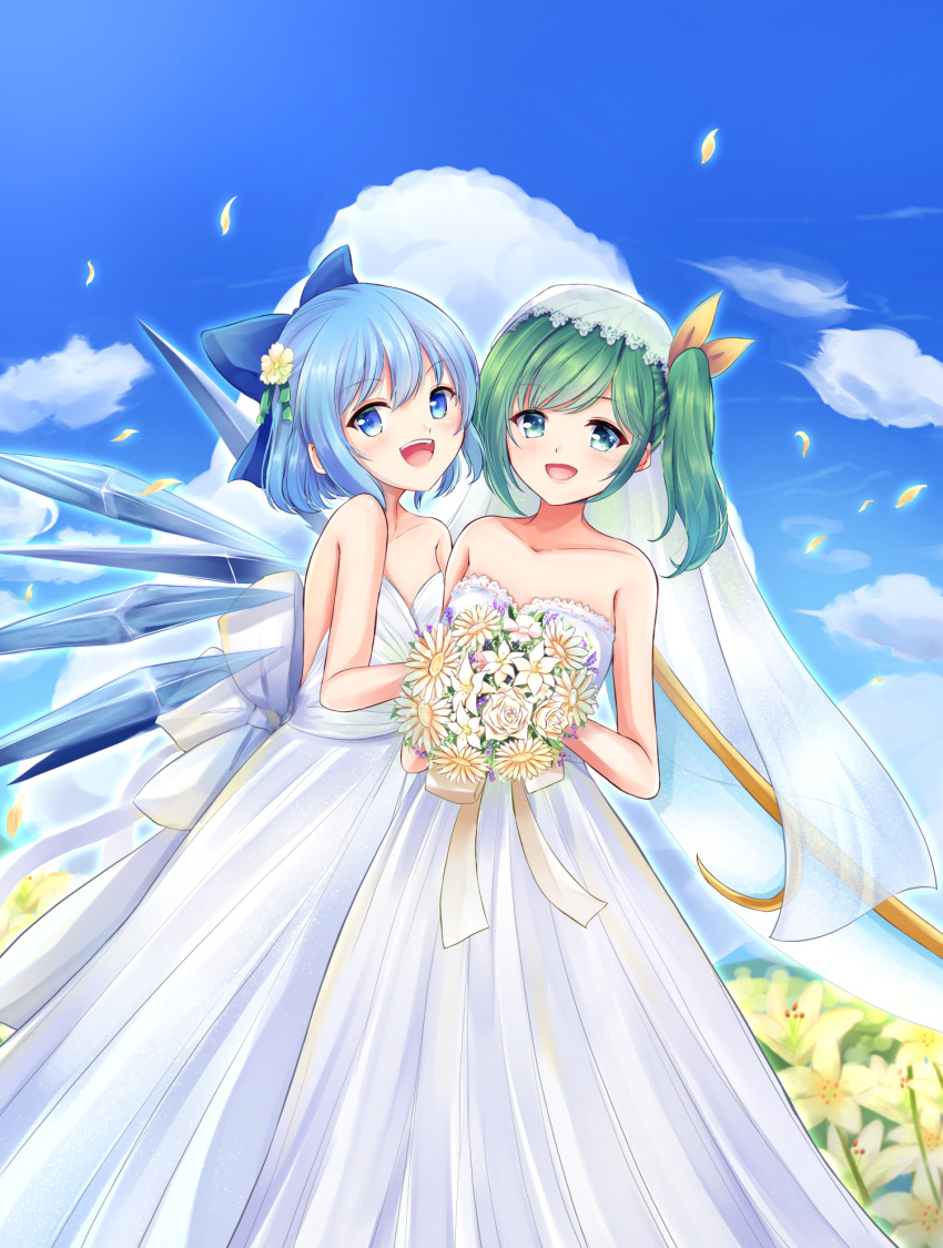 2girls :d bare_arms bare_shoulders blue_eyes blue_hair blue_sky bouquet bow bridal_veil cirno clouds collarbone daiyousei day dress flower green_eyes green_hair green_ribbon hair_bow hair_flower hair_ornament hair_ribbon highres holding holding_bouquet kachuten long_dress looking_at_viewer medium_hair multiple_girls open_mouth outdoors petals ribbon shiny shiny_hair side_ponytail sky smile strapless strapless_dress touhou veil wedding_dress white_dress white_flower wife_and_wife yellow_bow yellow_flower