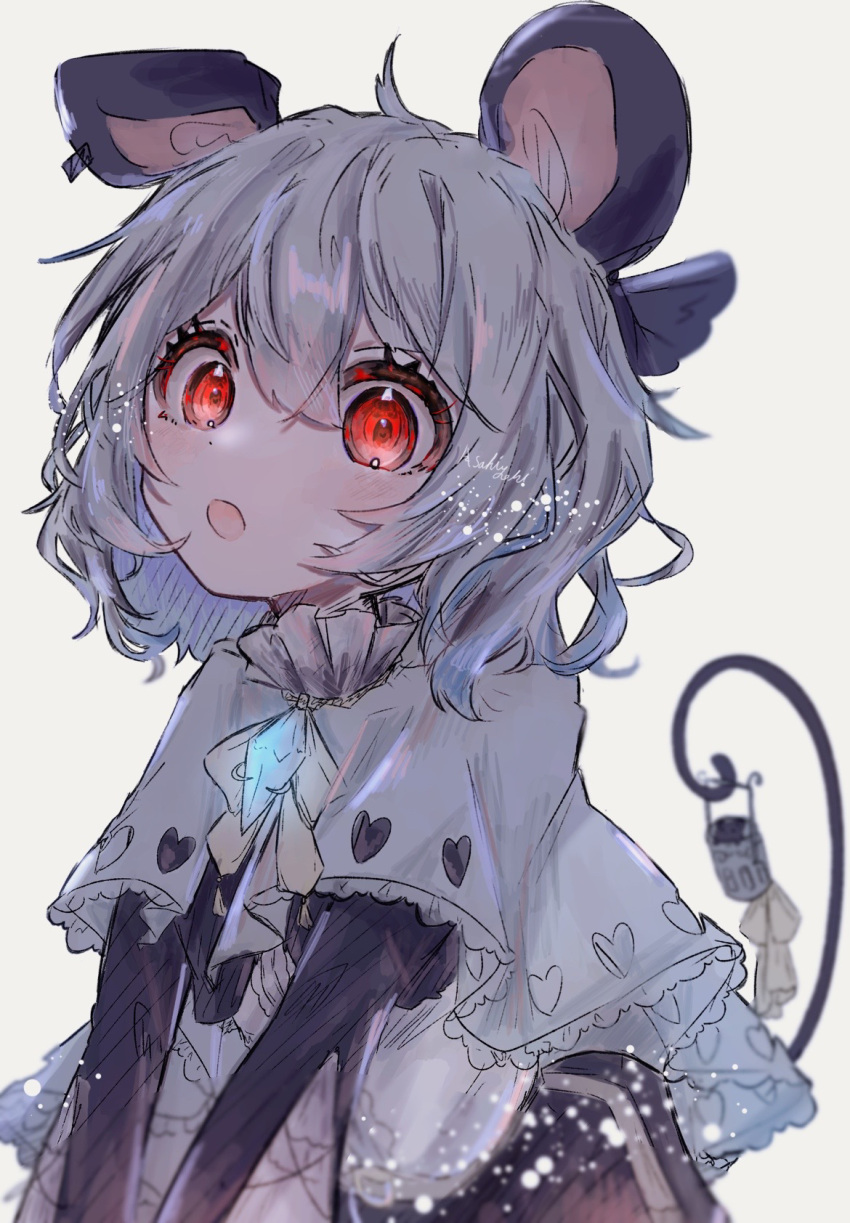 1214_asahiyori 1girl animal_ears bangs basket black_gloves blush capelet clothing_cutout commentary_request crystal elbow_gloves frilled_capelet frills gloves grey_hair heart_cutout highres jewelry looking_at_viewer mouse mouse_ears mouse_girl mouse_tail nazrin open_mouth pendant red_eyes short_hair simple_background solo tail touhou upper_body white_background white_capelet