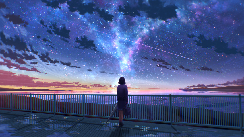 1girl aeuna artist_name bag black_hair clouds commentary english_commentary evening galaxy highres holding holding_bag holding_umbrella original outdoors puddle railing reflection rural scenery school_bag school_uniform shooting_star short_hair sky solo standing star_(sky) starry_sky umbrella watermark wide_shot