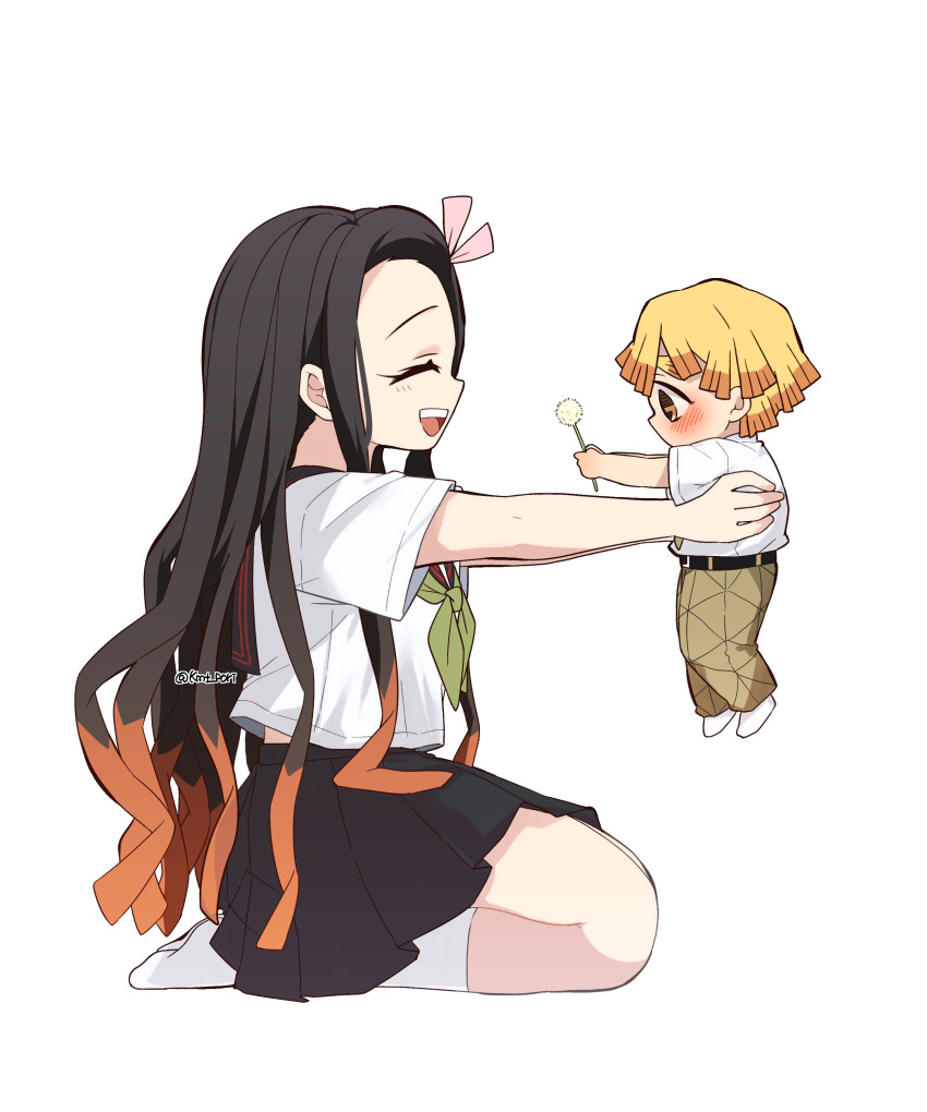 1boy 1girl ^_^ absurdres agatsuma_zenitsu bare_legs belt black_hair black_skirt blonde_hair blush brown_hair carrying chibi child closed_eyes couple gradient_hair hair_ornament hair_ribbon highres holding kamado_nezuko kimetsu_gakuen kimetsu_no_yaiba long_hair multicolored_hair neckerchief one_eye_closed pants pink_ribbon pori_(kmt_pori) ribbon school_uniform serafuku shirt short_hair skirt socks uniform white_shirt