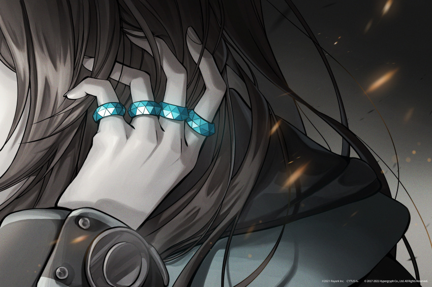1girl absurdres amiya_(arknights) arknights artist_request black_background black_jacket brown_hair company_name copyright_name cytus hand_focus hand_in_own_hair hand_up head_out_of_frame highres jacket jewelry long_hair multiple_rings official_art ring simple_background solo