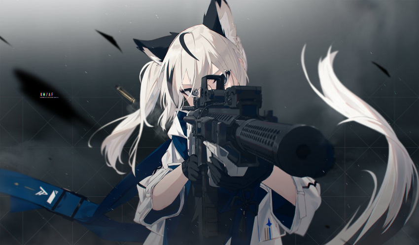 1girl ahoge aiming aiming_at_viewer animal_ear_fluff animal_ears ar-15 bangs black_eyes black_gloves braid extra_ears fox_ears fox_girl fox_tail french_braid gloves gun hair_between_eyes highres jacket long_hair nagishiro_mito original rifle shell_casing side_ponytail sidelocks single_braid solo suppressor tail tail_raised weapon white_hair white_jacket