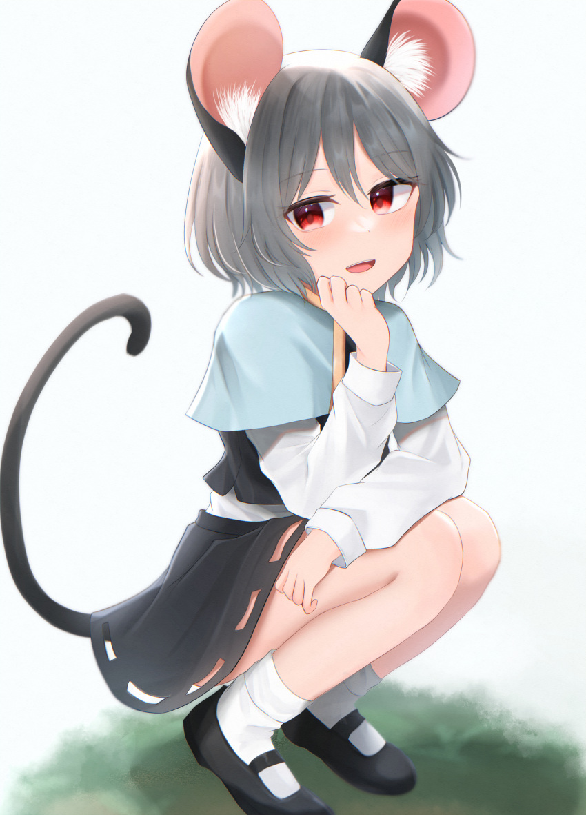 1girl :d absurdres animal_ear_fluff animal_ears bangs black_footwear blue_capelet blush capelet commentary_request dakuazu flat_chest full_body grey_hair grey_skirt grey_vest hair_between_eyes highres long_sleeves looking_at_viewer mary_janes mouse_ears mouse_girl mouse_tail nazrin open_mouth red_eyes shirt shoes short_hair skirt smile socks solo squatting tail touhou vest white_background white_shirt white_socks