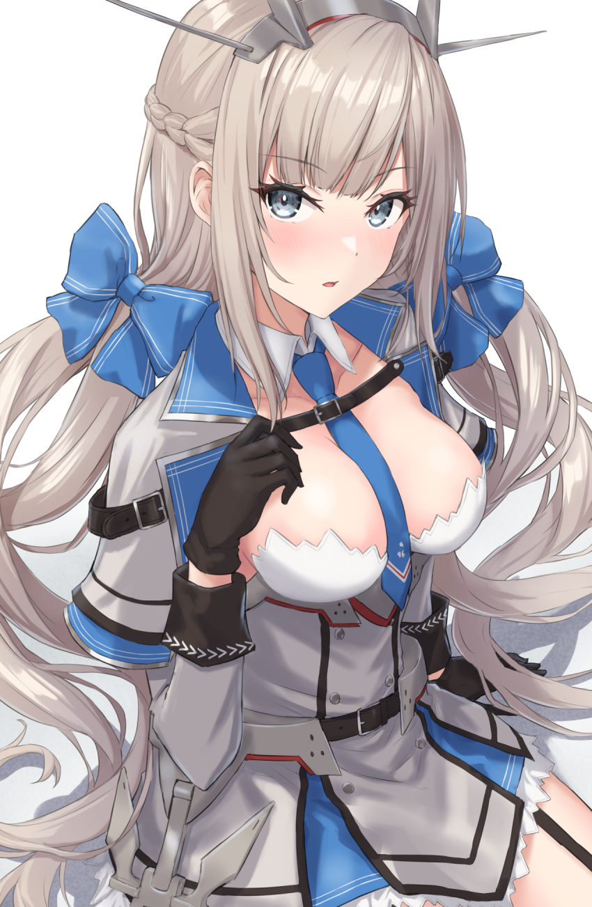 1girl between_breasts black_gloves blue_bow blue_capelet blue_necktie bow breasts capelet dress garter_straps gloves grey_capelet grey_dress grey_hair hair_bow headgear highres kantai_collection large_breasts long_hair low_twintails maryland_(kancolle) monoku multicolored_capelet necktie necktie_between_breasts pleated_dress solo twintails