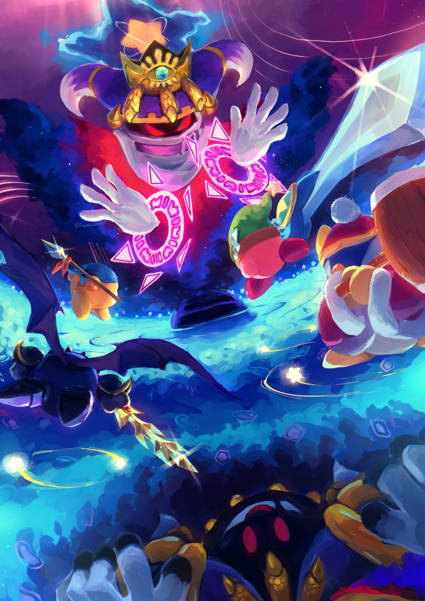 absurdres armor bandana bandana_waddle_dee battle blue_bandana coat commentary copy_ability fur-trimmed_coat fur_trim galaxia_(sword) green_headwear hammer hat highres holding holding_hammer holding_polearm holding_sword holding_weapon king_dedede kirby kirby's_return_to_dream_land kirby_(series) magolor magolor_soul master_crown meta_knight monster no_humans polearm pom_pom_(clothes) pop_star red_coat red_eyes red_headwear reflection ripples shoulder_armor suyasuyabi sword twitter_username weapon wings