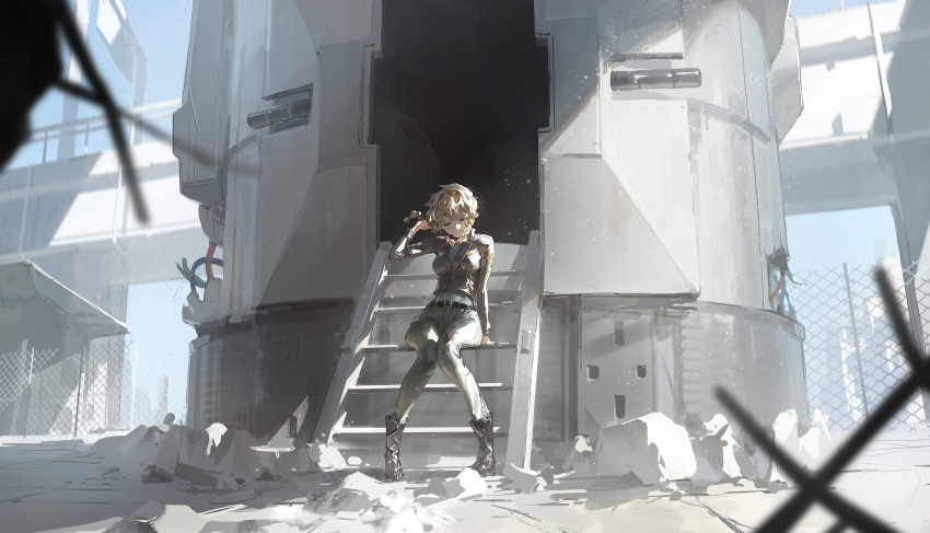 1girl amane_suzuha arm_up bangs belt belt_buckle black_belt black_footwear blonde_hair blue_sky blurry blurry_foreground boots braid breasts bridge brown_eyes brown_jacket buckle building chain-link_fence closed_mouth commentary_request day denim dino_(dinoartforame) doorway facing_viewer fence full_body green_pants grey_background grey_shirt hand_in_own_hair highres jacket jeans knees_together_feet_apart long_hair medium_breasts on_stairs outdoors overpass pants railing road_sign rubble shirt sign sitting sky sleeves_past_elbows solo steins;gate twin_braids