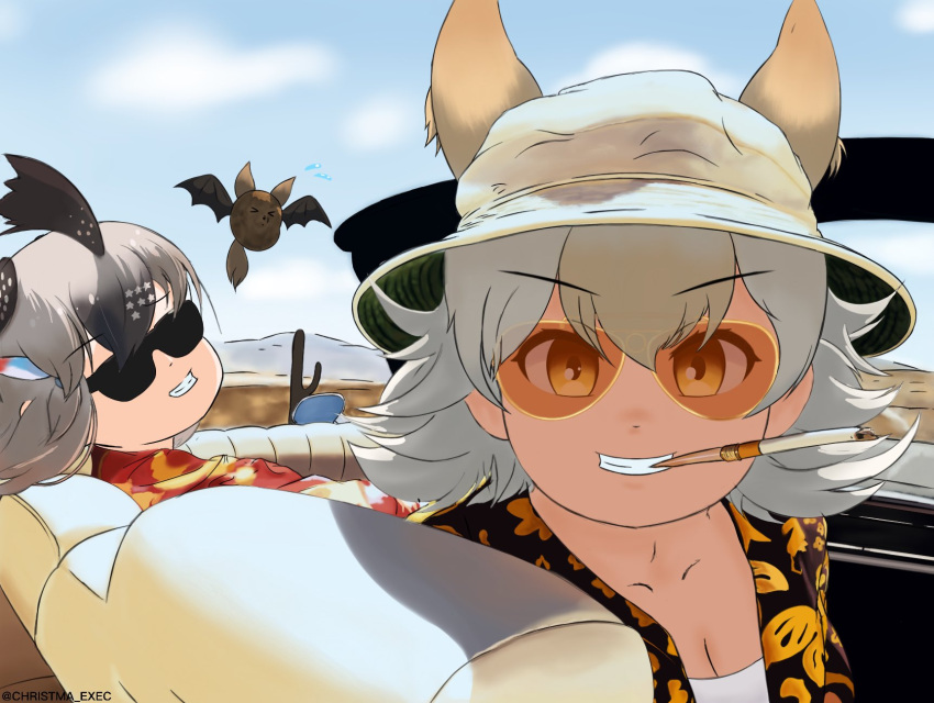 2girls animal_costume animal_ear_fluff animal_ears bird_girl car christma_exec cigarette coyopotato coyote_(kemono_friends) coyote_ears coyote_girl driving greater_roadrunner_(kemono_friends) ground_vehicle hat highres kemono_friends kemono_friends_v_project looking_at_viewer motor_vehicle multiple_girls shirt smile sunglasses virtual_youtuber wings