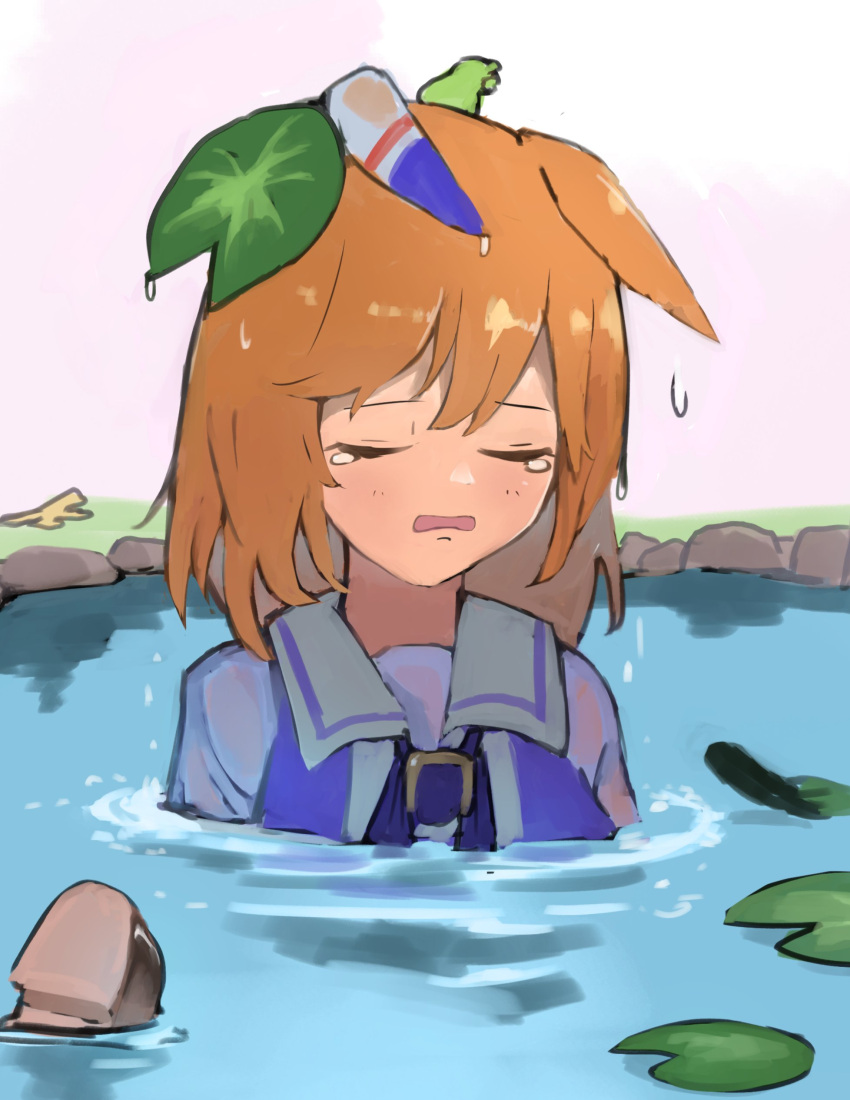 1girl absurdres animal_ears animal_on_head bangs blush closed_eyes ears_down frog_on_head highres horse_ears lily_pad matikanefukukitaru_(umamusume) medium_hair no_842 on_head open_mouth partially_submerged pond purple_shirt sailor_collar school_uniform shirt shoe_removed solo tearing_up tracen_school_uniform umamusume water wet wet_hair