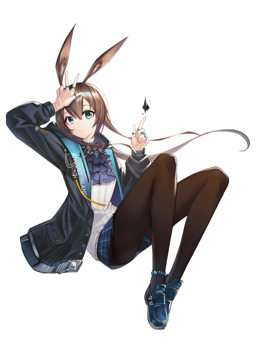1girl absurdres amiya_(arknights) animal_ears anklet arknights ascot black_jacket black_pantyhose blue_ascot blue_collar blue_eyes blue_footwear blue_skirt brown_hair clothes_writing collar full_body hair_ornament hands_up highres index_finger_raised invisible_chair jacket jewelry knees_up long_hair long_sleeves multiple_rings neck_ring open_clothes open_jacket originium_arts_(arknights) pantyhose plaid plaid_skirt pleated_skirt rabbit_ears rabbit_girl ring shirt shoes sidelocks simple_background sitting skirt solo thighlet thumb_ring very_long_hair w white_background white_shirt xpsuv