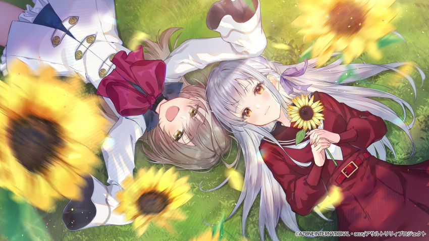 2girls :d ahoge arms_up assault_lily bangs belt belt_buckle blue_skirt blurry blurry_foreground blush bow bowtie braid breasts brown_sailor_collar buckle closed_mouth commentary_request cowboy_shot day flower frilled_skirt frills grass grey_hair hair_between_eyes hair_ribbon hair_spread_out hands_on_own_chest hands_up haru_(hiyori-kohal) heads_together herensuge_girls_academy_school_uniform high-waist_skirt highres holding holding_flower jacket jewelry kanba_girls_high_school_uniform kon_kanaho lens_flare light_particles light_smile long_hair long_sleeves looking_at_viewer lying medium_breasts miniskirt multicolored_hair multiple_girls necktie official_art on_back on_grass on_ground open_mouth orange_eyes outdoors oversized_clothes own_hands_together pink_bow pink_bowtie purple_ribbon red_belt red_shirt red_skirt ribbon ring sailor_collar sasaki_ran school_uniform serafuku shirt short_necktie side_braid single_braid skirt sleeves_past_fingers sleeves_past_wrists smile streaked_hair sunflower very_long_hair watermark white_jacket white_necktie yellow_eyes yellow_flower