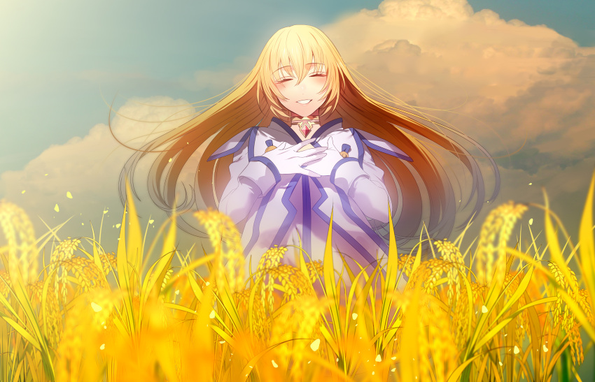 1girl bangs blonde_hair blush choker closed_eyes clouds cloudy_sky colette_brunel dress field gloves grin hair_between_eyes hands_on_own_chest highres jewelry long_hair looking_at_viewer open_mouth sky smile solo tales_of_(series) tales_of_symphonia tenryou_sena wind