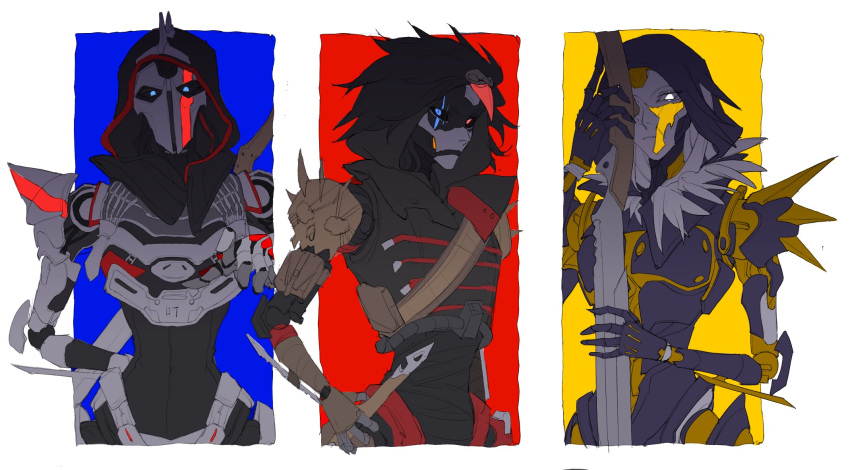 3girls android apex_legends ash_(titanfall_2) blue_eyes chain_of_command_ash chinese_commentary fallen_angel_ash feathers heterochromia highres holding holding_sword holding_weapon hood hood_up mercenary_mystique_ash multiple_girls multiple_persona official_alternate_costume one_eye_covered red_eyes ruu47 simulacrum_(titanfall) sword weapon white_eyes yellow_eyes