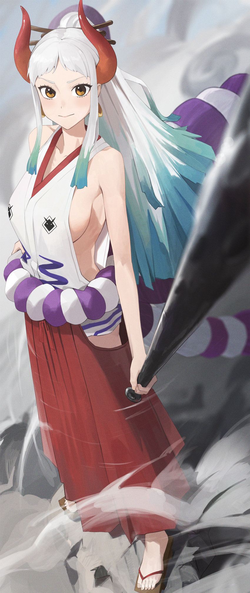 1girl absurdres belt blurry blurry_background blurry_foreground blush breasts brown_eyes closed_mouth club_(weapon) collarbone dust dust_cloud earrings green_hair hair_bun hand_on_belt highres holding holding_club holding_weapon horns jewelry long_hair looking_at_viewer multicolored_hair one_piece oni oni_horns red_horns rope_belt sideboob so_shio solo standing toenails weapon white_hair yamato_(one_piece)