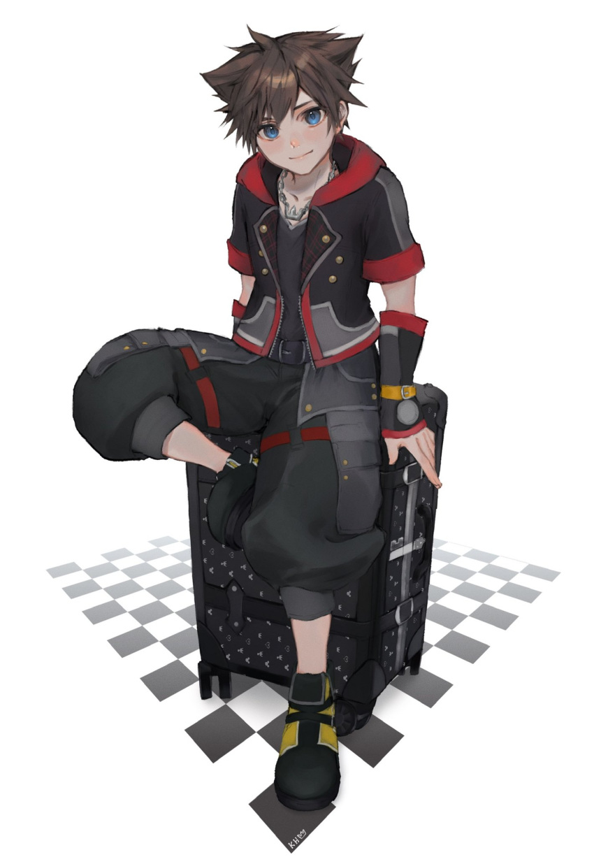 1boy baggy_pants belt belt_buckle black_pants blue_eyes brown_hair buckle chain_necklace checkered_floor full_body hair_between_eyes highres hood hood_down hooded_jacket jacket jewelry kingdom_hearts kingdom_hearts_iii leaning_on_object leg_up looking_at_viewer male_focus necklace pants short_hair short_sleeves soji_777 solo sora_(kingdom_hearts) spiky_hair white_background