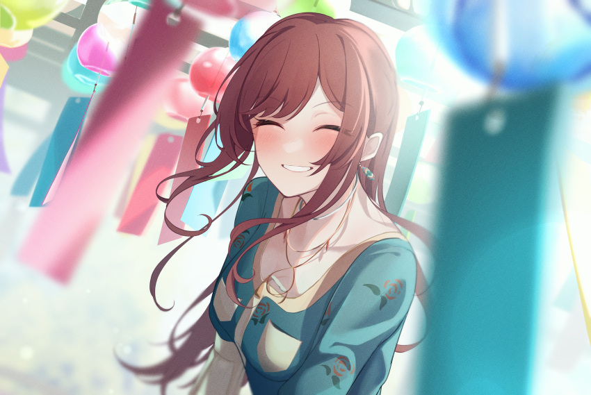 1girl ^_^ absurdres blurry blurry_foreground blush brown_hair closed_eyes depth_of_field earrings floating_hair green_shirt grin highres idolmaster idolmaster_shiny_colors jewelry odecono3 osaki_amana shirt smile solo upper_body wind_chime