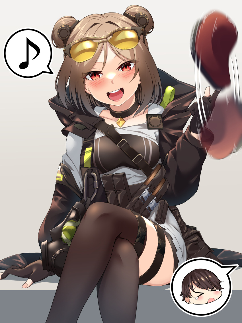 1girl 4tb_(4tera_byte) absurdres beret black_gloves black_jacket black_thighhighs breasts crossed_legs double_bun eyewear_on_head girls_frontline gloves hair_bun hat highres holding holding_clothes holding_hat jacket light_brown_hair long_sleeves medium_breasts musical_note open_clothes open_jacket p90_(girls'_frontline) partially_fingerless_gloves red_eyes red_headwear sitting speech_bubble spoken_musical_note sunglasses tactical_clothes thigh-highs thigh_strap tinted_eyewear yellow-tinted_eyewear