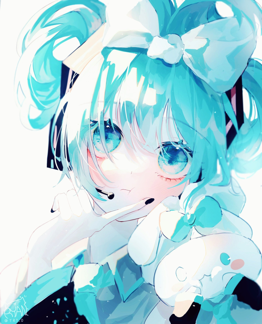 1girl :3 :t absurdres aqua_eyes aqua_hair aqua_necktie bangs black_nails black_sleeves blue_bow blue_shirt blush blush_stickers bow cinnamiku cinnamoroll closed_mouth collared_shirt commentary creature detached_sleeves hair_bow hand_on_own_cheek hand_on_own_face hands_on_own_cheeks hands_on_own_face hatsune_miku head_tilt headset highres looking_at_viewer matching_outfit necktie ryane_(yry_0) sanrio shirt signature solo tied_ears twitter_username updo upper_body vocaloid white_background white_bow