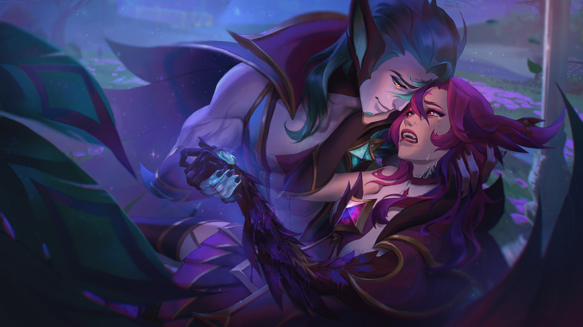1boy 1girl abs absurdres bangs bare_shoulders biceps black_nails black_skirt blurry blurry_background cape closed_mouth corruption couple crying eye_contact facial_hair fangs feathers field flower flower_field gem grass green_hair grey_hair hand_on_another's_face hetero highres holding holding_hands league_of_legends long_hair looking_at_another lying multicolored_hair muscular muscular_male nail_polish night night_sky on_back outdoors park pectoral_cleavage pectorals pink_eyes plant pleated_skirt pointy_ears purple_hair purple_skirt purple_thighhighs rakan_(league_of_legends) red_lips redhead ribbon scar skirt sky smile star_guardian_(league_of_legends) star_guardian_rakan star_guardian_xayah stubble tears teeth thigh-highs xayah yellow_eyes zoe_(crownsforkings)