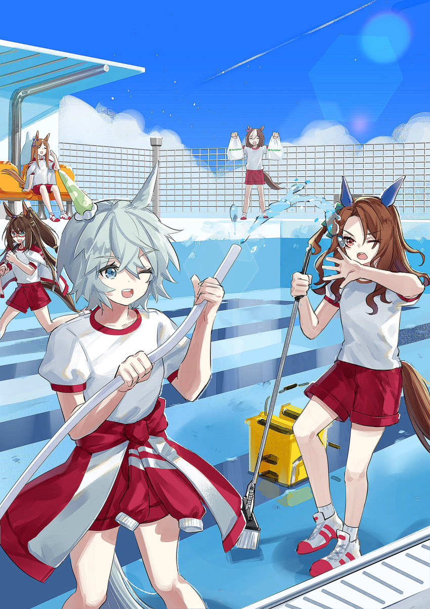 5girls absurdres animal_ears bag broom brown_hair clothes_around_waist clouds day ear_covers el_condor_pasa_(umamusume) empty_pool familymart fanning_self grey_hair gym_uniform highres holding holding_bag holding_broom horse_ears horse_girl horse_tail hose jacket jacket_on_shoulders king_halo_(umamusume) lens_flare long_hair multiple_girls one_eye_closed open_mouth outdoors plastic_bag pool red_shorts running seiun_sky_(umamusume) shidare_(youh4016) shirt shoes short_hair short_sleeves shorts sitting smile sneakers socks special_week_(umamusume) standing tail umamusume water white_shirt