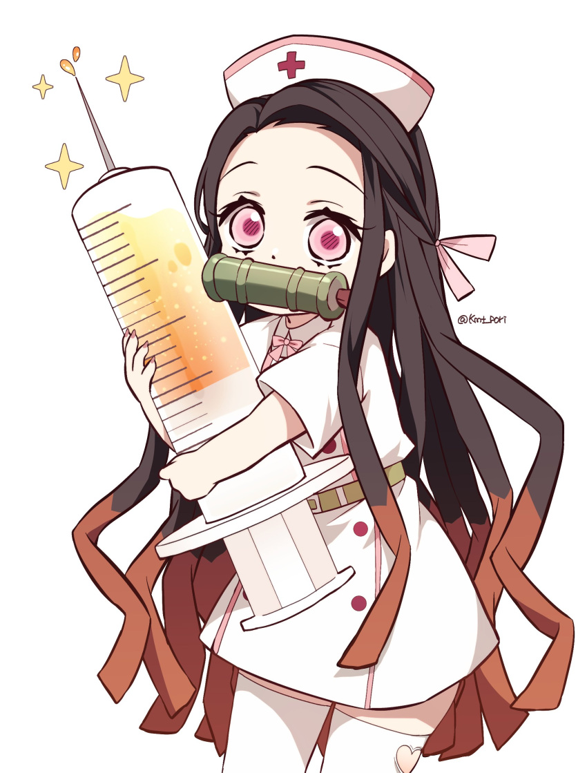 1girl absurdres brown_hair dress hair_ornament hair_ribbon hat highres holding kamado_nezuko kimetsu_no_yaiba large_syringe long_hair looking_at_viewer multicolored_hair muzzle nurse nurse_cap oversized_object pink_eyes pink_ribbon pori_(kmt_pori) ribbon short_sleeves solo syringe thigh-highs twitter_username very_long_hair white_background white_dress white_thighhighs