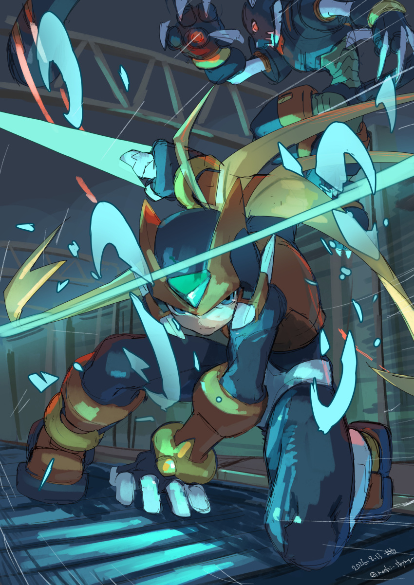 2boys armor battle blonde_hair energy_sword forehead_jewel helmet highres holding holding_sword holding_weapon long_hair male_focus mega_man_(series) mega_man_zero_(series) multiple_boys omochi_(mochi_skymega) red_armor red_helmet sword weapon z_saber zero(z)_(mega_man) zero_(mega_man)