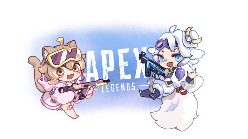 1boy 1girl \m/ annin_miru annin_miru_channel apex_legends assault_rifle bandaid bandaid_on_leg blue_hair blue_jacket blue_pants brown_hair chibi chinese_commentary collin_palladio futo_momo_(vtuber)_(artist) goggles goggles_on_head gun highres holding holding_gun holding_weapon hood hooded_jacket indie_virtual_youtuber jacket logo pants purple_jacket r-301_carbine r-99_smg rifle smile submachine_gun virtual_youtuber weapon