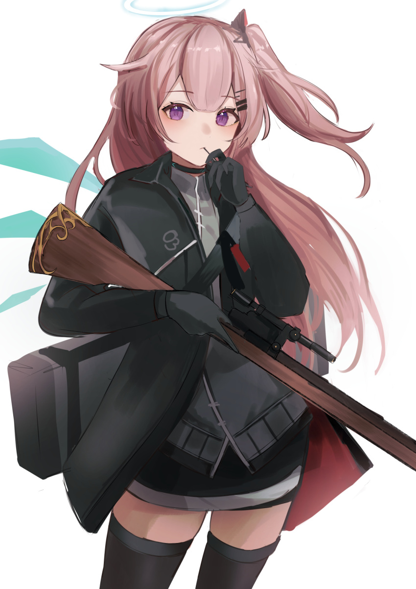 1girl ambriel_(arknights) arknights azuazu_0405 bangs black_gloves black_jacket black_skirt blue_wings closed_mouth detached_wings gloves gun hair_ornament hairclip hand_up highres holding holding_gun holding_weapon jacket lee-enfield long_hair one_side_up open_clothes open_jacket pink_hair rifle simple_background skirt sniper_scope solo standing thigh-highs very_long_hair violet_eyes weapon white_background wings