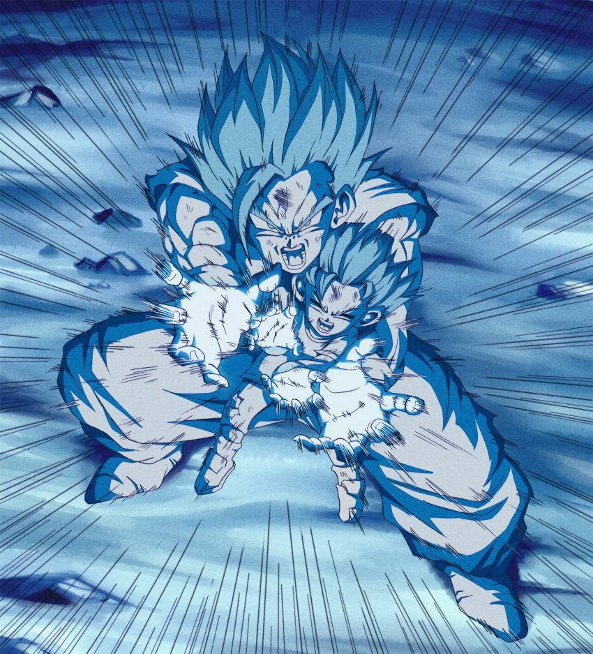 1boy 1girl blue_theme bruise bruise_on_face closed_eyes commentary dis_(dissketch) dougi dragon_ball dragon_ball_super dragon_ball_super_super_hero emphasis_lines english_commentary father_and_daughter glowing highres injury kamehameha looking_at_viewer muscular muscular_male open_mouth pan_(dragon_ball) pants retro_artstyle shirt shoes shorts shouting son_gohan spiky_hair torn_clothes torn_shorts v-shaped_eyebrows wasteland