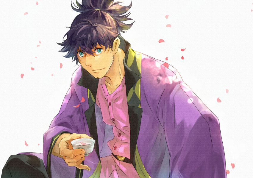 1boy absurdres alcohol black_hair blue_eyes choko_(cup) coat cup facial_hair falling_petals highres long_hair looking_at_viewer male_focus petals ponytail purple_coat raven_(tales) sake sitting smile solo stubble tales_of_(series) tales_of_vesperia tan tchan320 traditional_media white_background