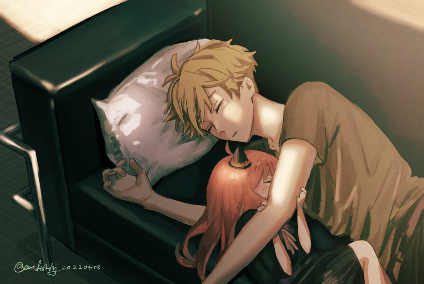 1boy 1girl anya_(spy_x_family) blonde_hair closed_eyes couch dated eatfishfly father_and_daughter female_child hairpods highres lying on_couch on_side pillow pink_hair sleeping spy_x_family twilight_(spy_x_family) twitter_username