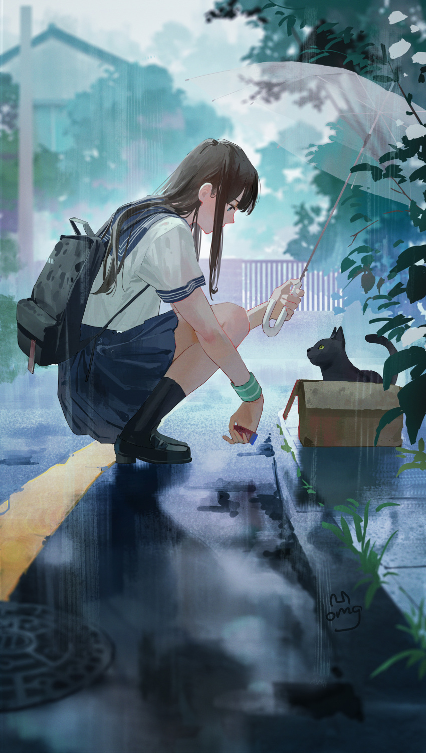 1girl absurdres backpack bag black_footwear black_socks blue_eyes blue_sailor_collar blue_skirt box brown_hair cardboard_box cat eri96 from_side full_body highres holding holding_umbrella long_hair looking_down miniskirt original outdoors pleated_skirt profile rain road sailor_collar sailor_shirt school_uniform serafuku shirt short_sleeves skirt socks solo squatting straight_hair street transparent transparent_umbrella umbrella white_shirt wristband