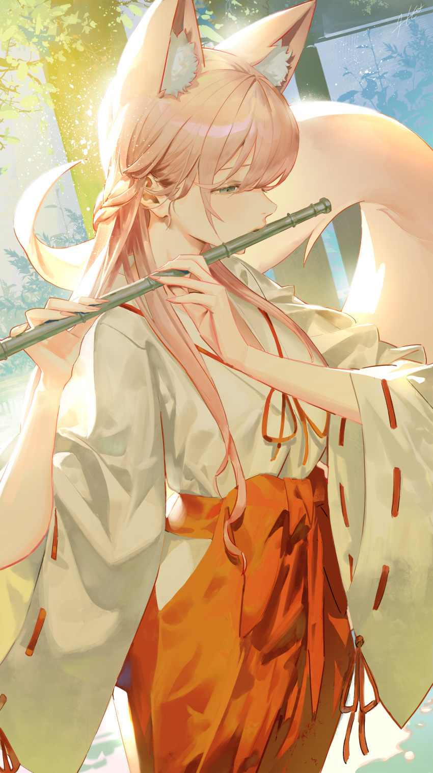 1girl absurdres animal_ear_fluff animal_ears bangs extra_ears flute fox_ears fox_girl fox_tail hair_between_eyes hakama hands_up highres holding holding_instrument instrument japanese_clothes jung_wonjo kimono long_hair long_sleeves looking_away music original pink_hair playing_instrument red_hakama red_ribbon ribbon ribbon-trimmed_sleeves ribbon_trim solo tail tail_raised white_kimono wide_sleeves